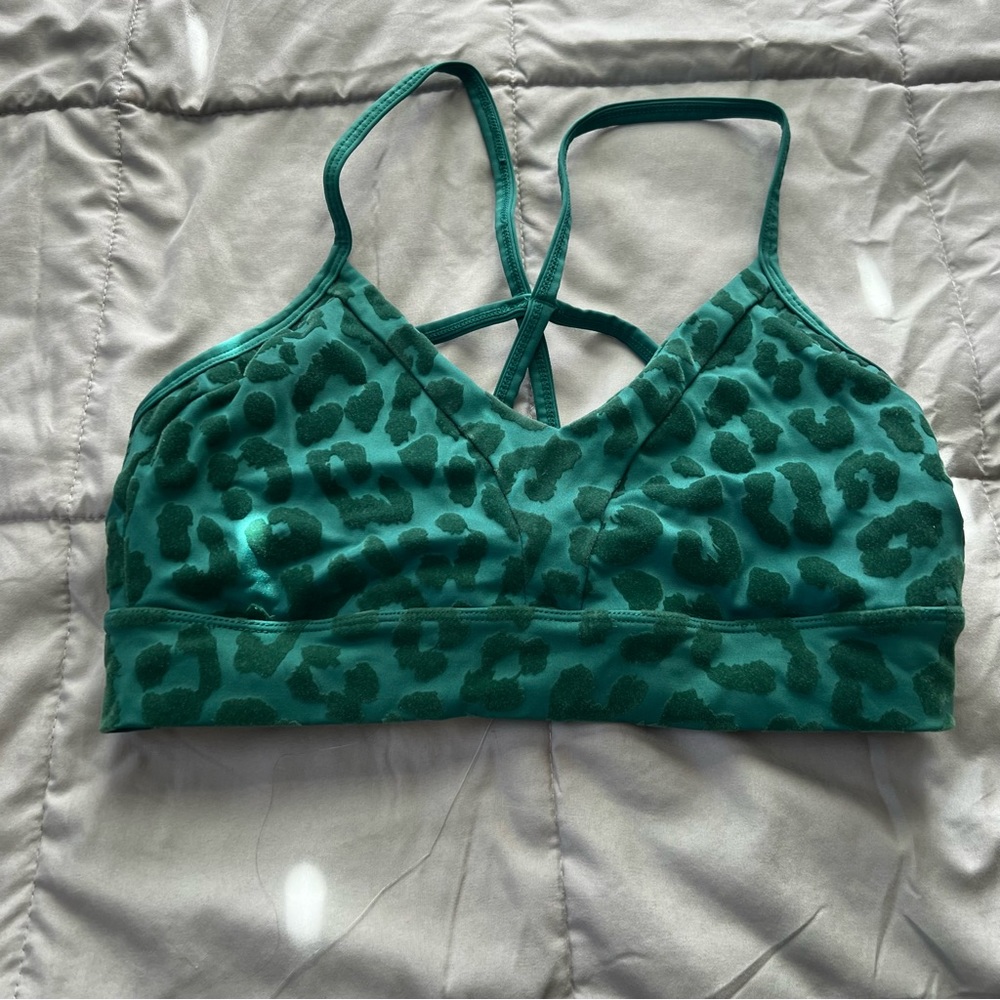 Balance Athletica Sports bra, green, velvet, leopard print, medium